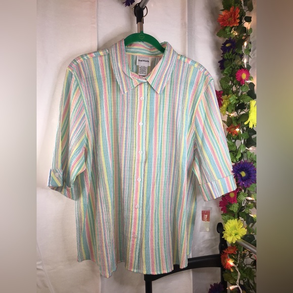 NWT Bon Worth | Women’s Colorful Stripe Pattern Button Down Blouse Top - Picture 1 of 11